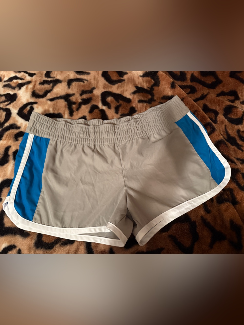 Nike Women’s Athletic Shorts in Gray with Blue Panels and White Trim